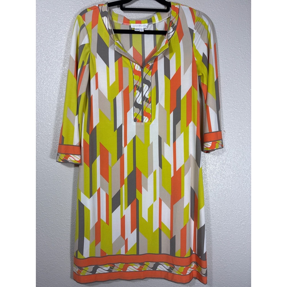London Times Women 8 Geometric Chevron Shift Dress Lime Orange 3/4 Sleeve Jersey